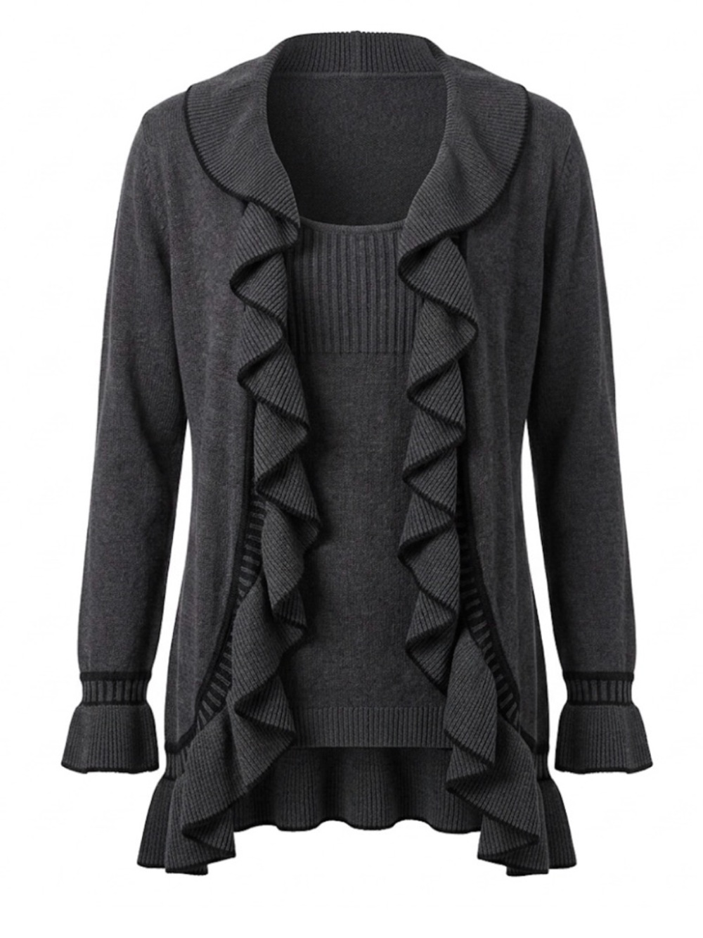 Tribal Grey 2-in-1 Waterfall Ruffle Trim Sweater - Medium